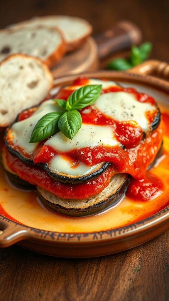 21 Day Fix Eggplant Parmesan Recipe Eggplant parmesan with layers of baked eggplant, marinara sauce, and melted cheese, garnished with basil.